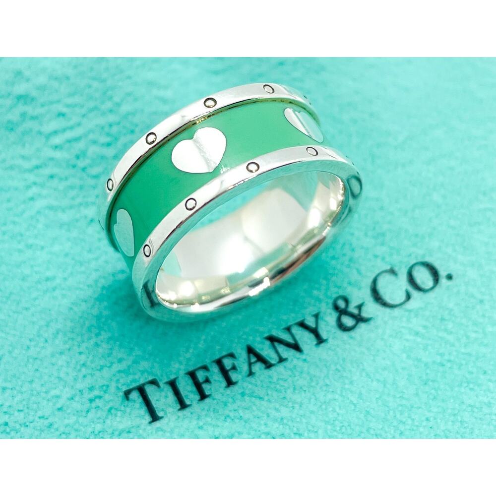 Tiffany & Co Sterling Silver Blue Enamel Hearts Band Ring Size 5 w/ Receipt